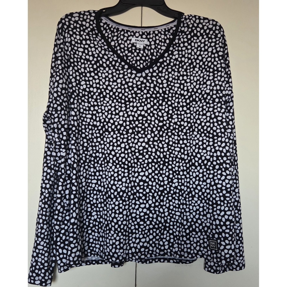 DKNY Donna Karan Black/White Polyester Blend Spotted Long Sleeve Top Sz Med~EUC